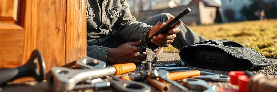 A professional residential mobile locksmith examining a lock on a wooden door