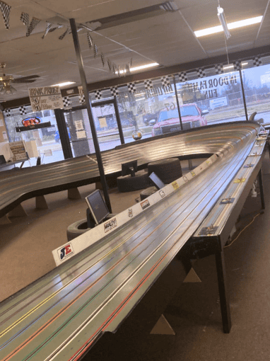 Model car raceway setup at Top Slots Raceway in Del City, Oklahoma.